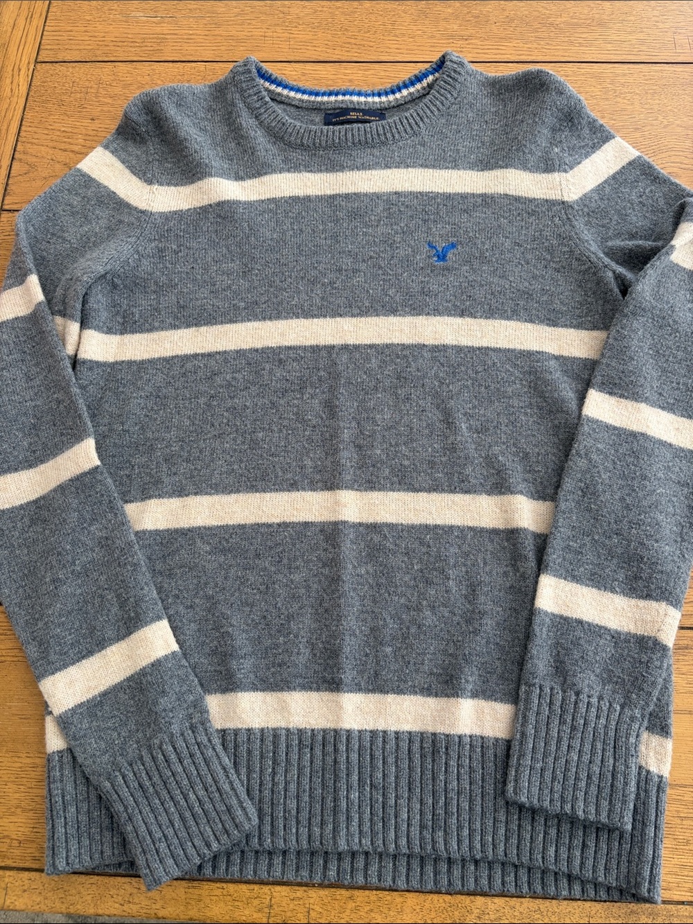 American Eagle Outfitters Grey and Cream Striped Crewneck Sweater with Blue Logo